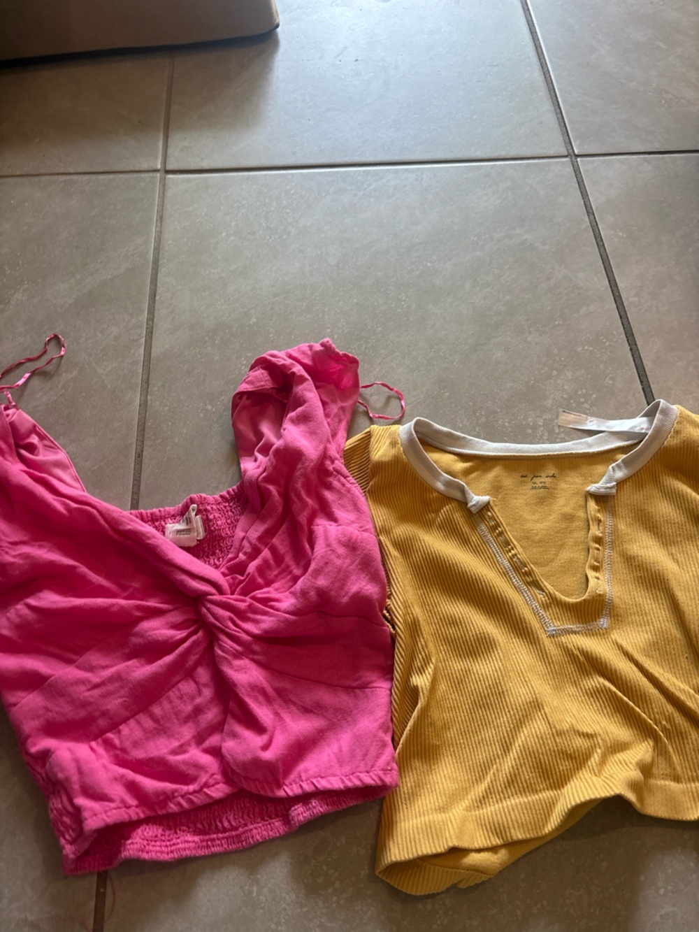 Urban Outfitters Pink Twist Crop Top & Yellow Ribbed V-Neck Crop Top